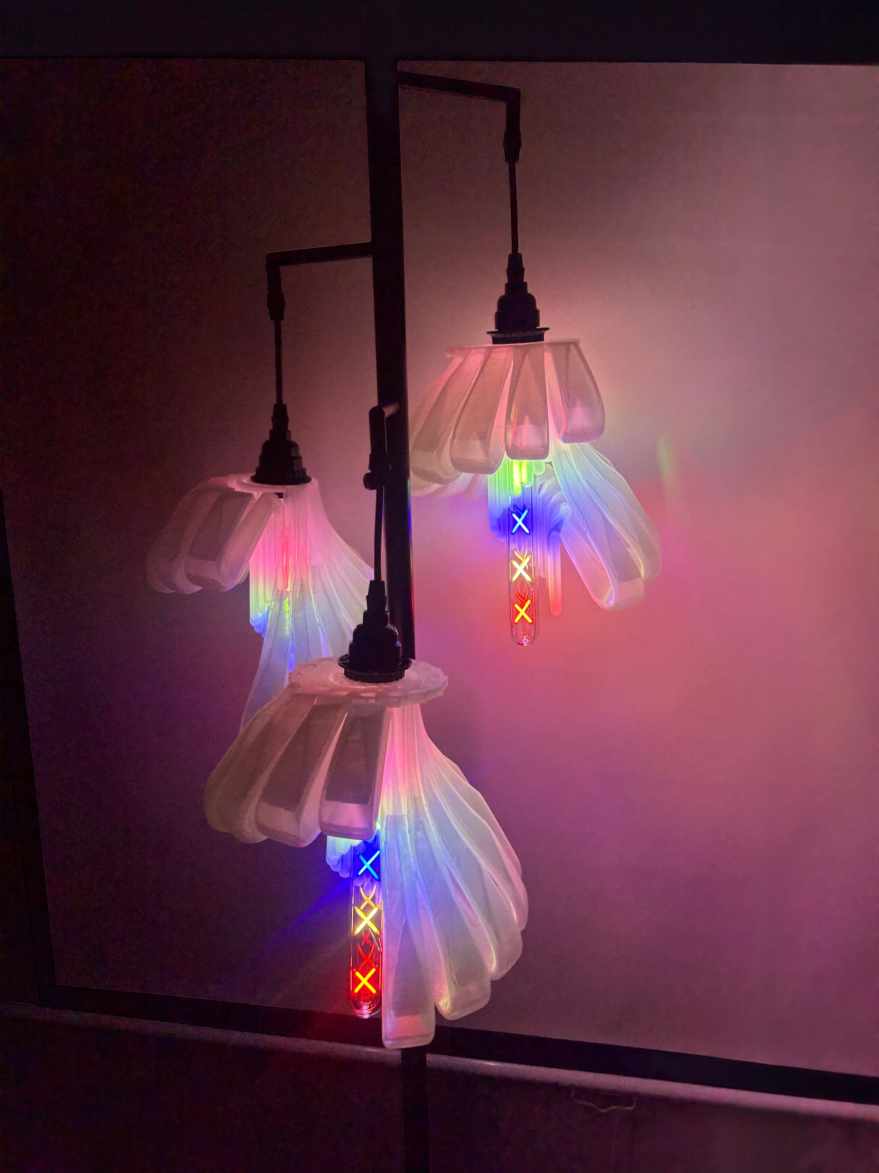 Arise Arbor Floor Lamp, black base with clear shades and colour filament bulbs
