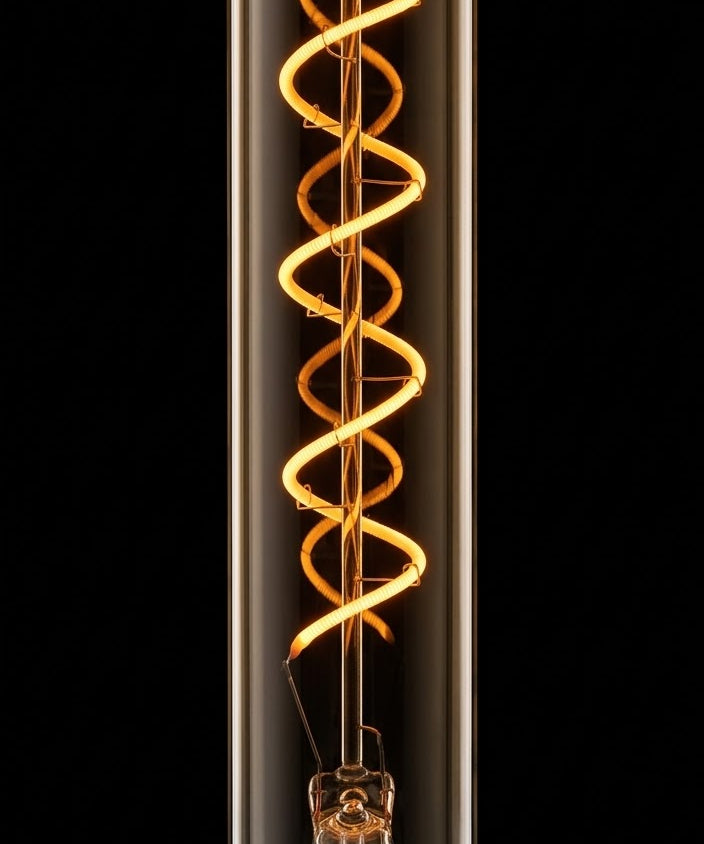 Amber Column filament bulb lit, showing the spiral filament running the length of the tube