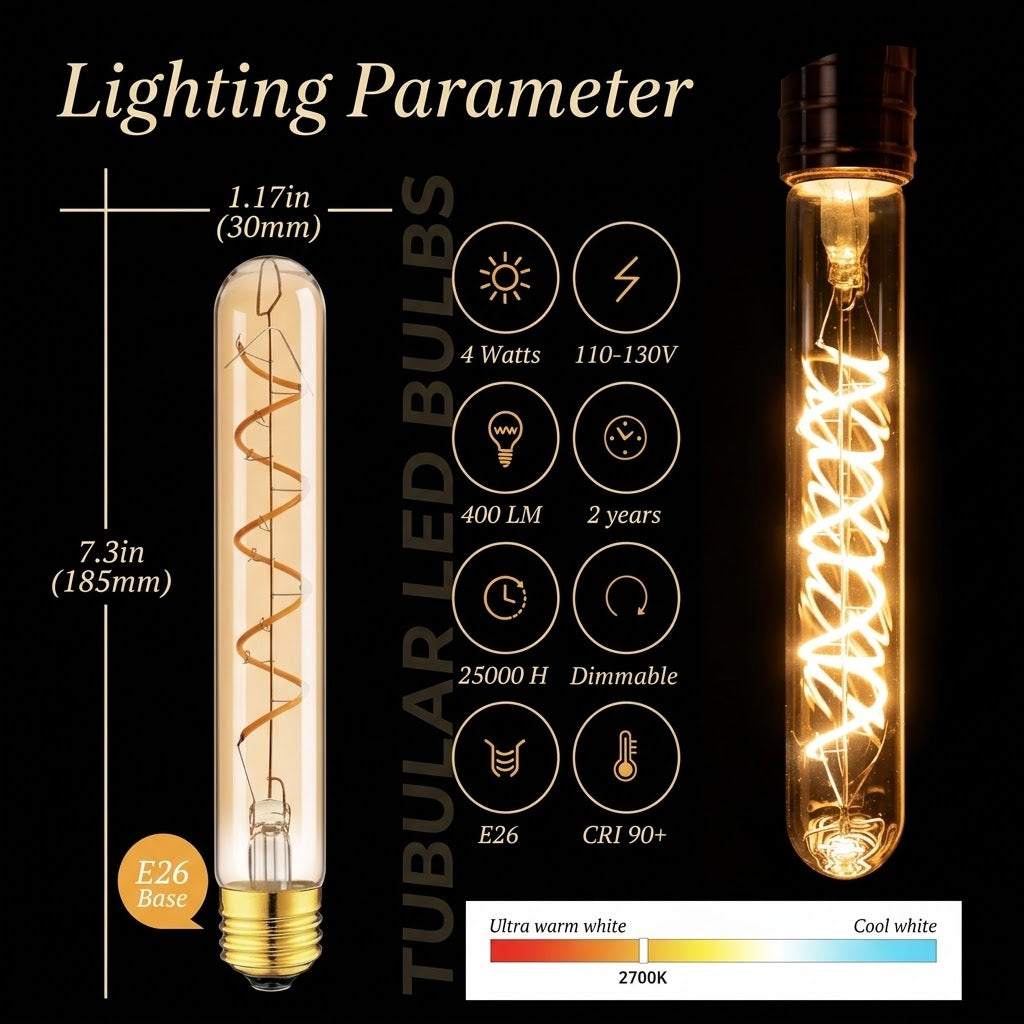 Specification sheet: 4W, 110-130V, 400 lumens, 25000 hours, E26 base, CRI 90+, dimmable, 2700K, 7.3in by 1.17in