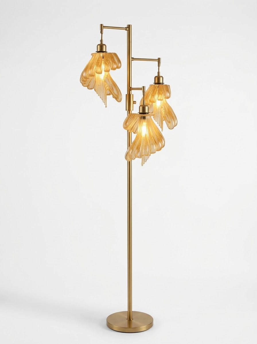 Arise Arbor Floor Lamp, gold base with three amber shades