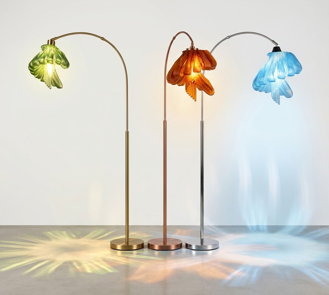 Arc Arise Standing Lamps in gold, bronze and chrome with green, amber and blue shades