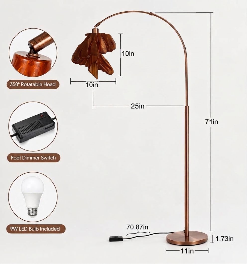 Arc Arise Standing Lamp dimensions — 71in tall, 25in reach, 11in base, 10in shade
