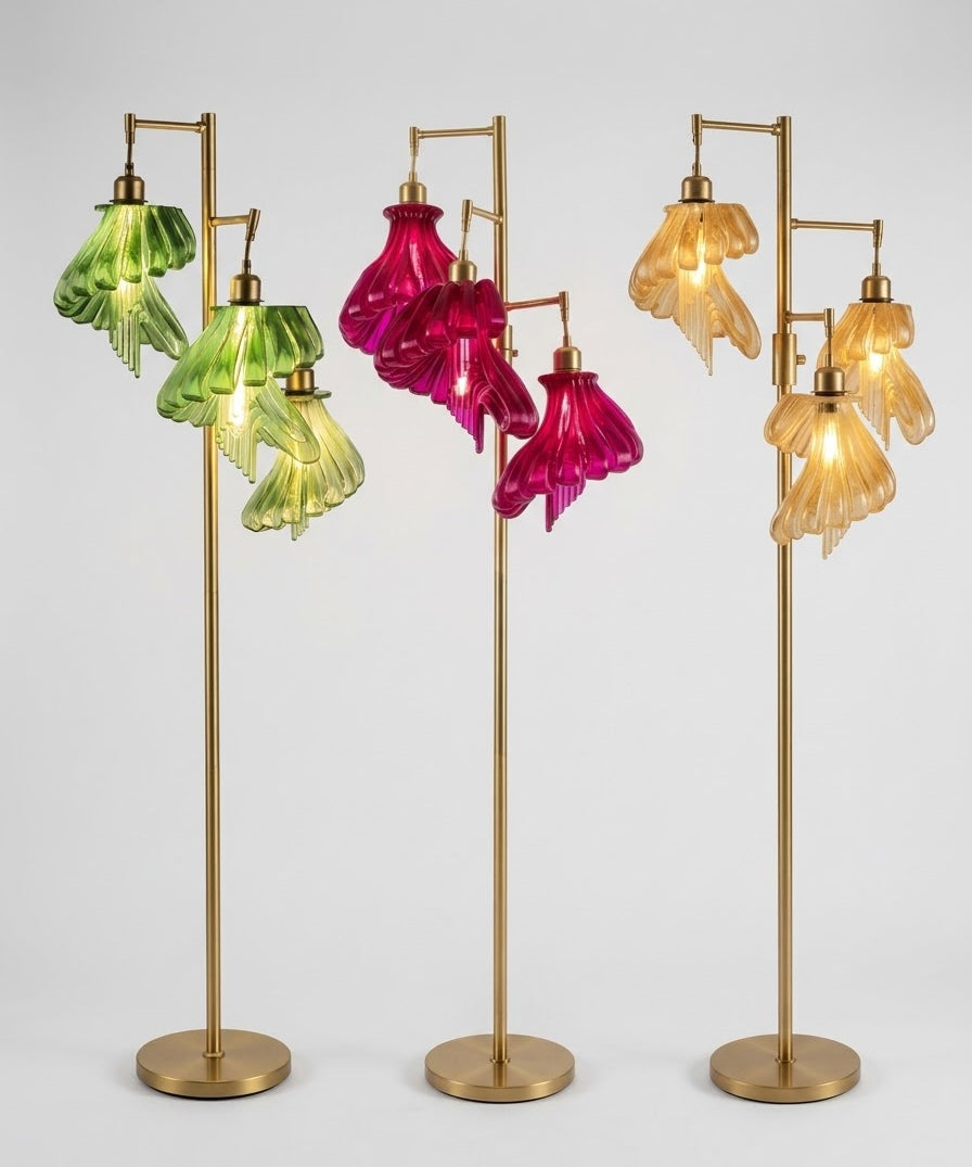 Arise Arbor Floor Lamps with green, pink and amber shades on gold bases