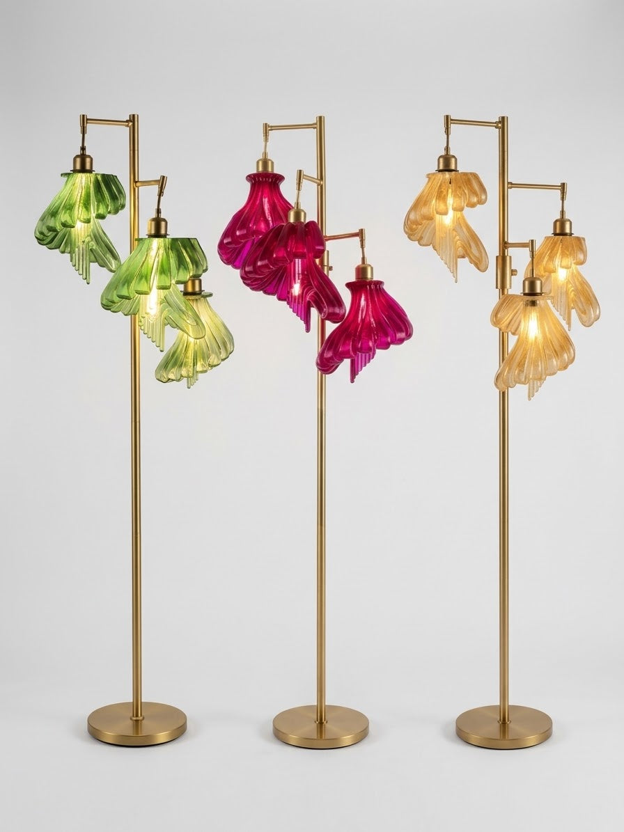 Arise Arbor Floor Lamps with green, pink and amber shades on gold bases
