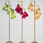 Arise Arbor Floor Lamps with green, pink and amber shades on gold bases